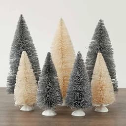 Factory Direct Craft glittered silver and white bottle brush trees, set of 7, 4.5 to 6 in