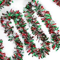 Metallic tinsel twist garland with snowflakes, green and red, 50 ft