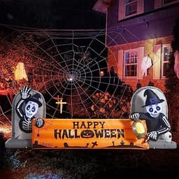 10 ft inflatable skeleton with tombstone and banner, built-in LEDs