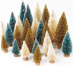AerWo bottle brush trees, 24 pieces, 2.3 to 5.1 in, wood bases, green, gold and ivory